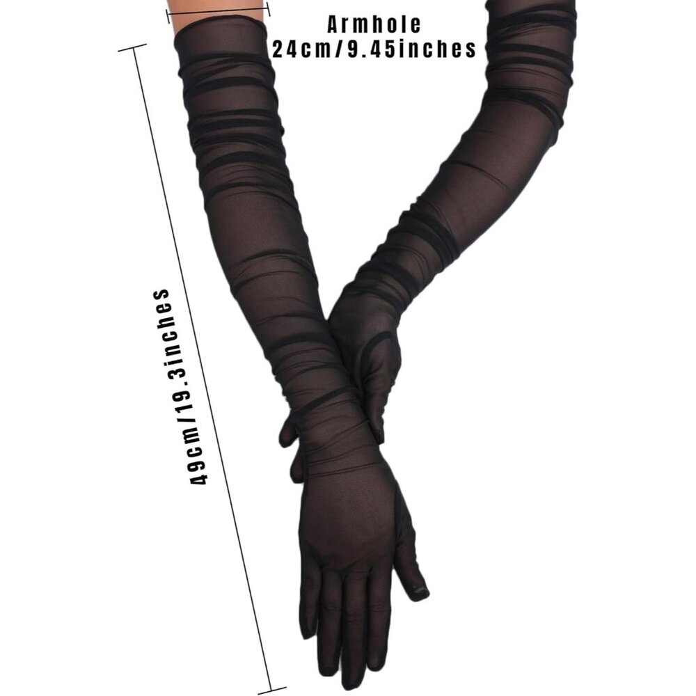 Women's Black Tulle Mesh Satin Long Sheer Gloves Wedding Opera Party Prom - Picture 6 of 7